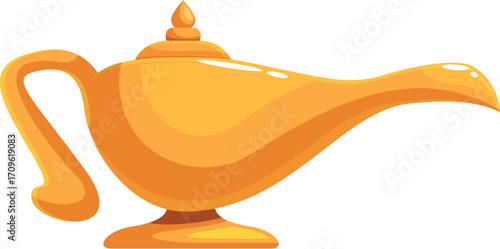 Shiny golden magic lamp from arabian nights, waiting to be rubbed to release a genie