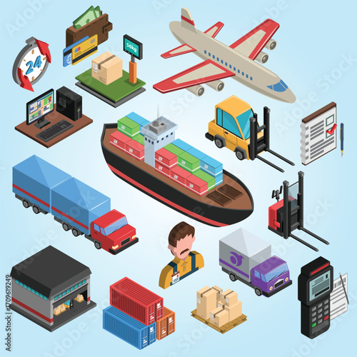 Isometric Detailed Worldwide Delivery and Shipping with Various Transportations Illustration