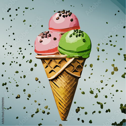 Delicious frozen dessert concept featuring a triple scoop ice cream in a crispy waffle cone with chocolate sprinkles, a sweet summer treat