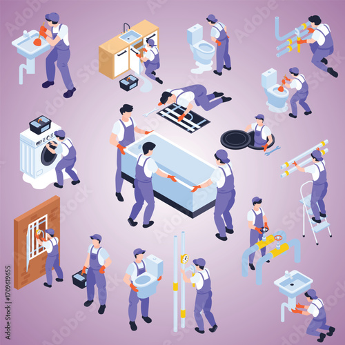 Isometric Professional Plumber Character Repairing Plumbing Installation and Sanitary Equipment Illustration