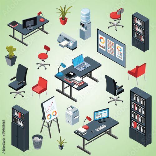 Isometric Detailed Office Furniture and Equipment Arrangement Illustration in Workplace