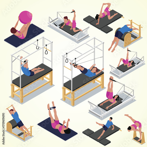Isometric Detailed Pilates Reformer Exercise Poses with Equipment Flat Illustration
