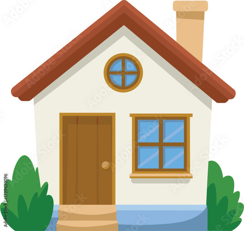 Cartoon house with red roof and chimney on white background home building
