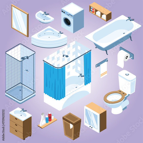 Isometric Style Detailed Bathroom Interior Furniture and Fixtures Set Illustration