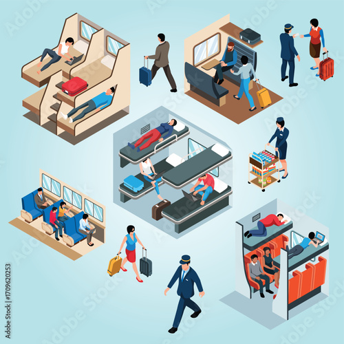 Isometric Illustration of People Traveling by Train in Different Compartments
