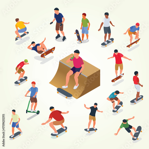Isometric Diverse Group of Skateboarders and Roller Skaters Performing Stunts Illustration