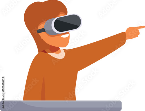 Woman wearing virtual reality headset pointing with finger exploring virtual reality world