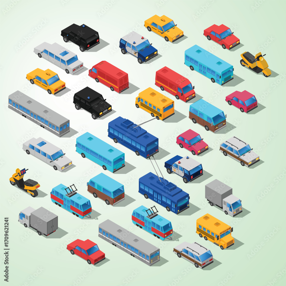 Isometric Collection of City Vehicle and Transport Variety with Long Shadow