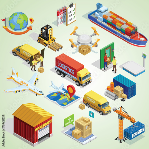 Isometric Detailed Logistics and Delivery Elements Transportation and Global Distribution Concept