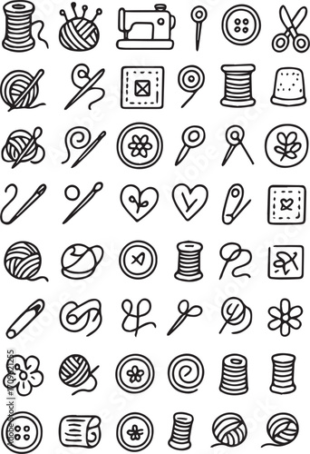 Vector set of sewing tools and materials. Includes scissors, thread, buttons, thimble, needle, and tape measure. Ideal for handmade craft, tailoring, textile design, and DIY creative projects.