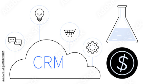 CRM cloud connected to dialogue bubbles, light bulb, shopping cart, gear, lab flask, and dollar symbol. Ideal for technology, business strategy, customer relations innovation e-commerce data