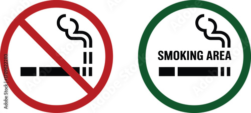 No Smoking Sign and Smoking Area Sign with Cigarette and Smoke Icons Keywords: no smoking, smoking area, cigarette, smoke