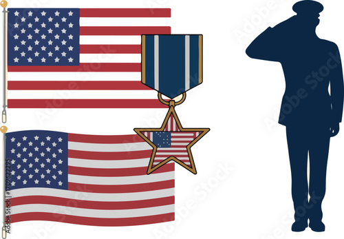 American flags medal and soldier saluting graphic