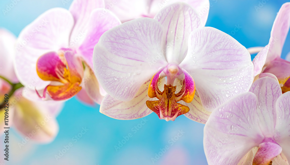 Obraz premium Orchid with Water Drops Close up Over Natural Light