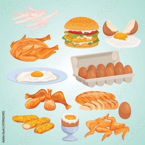 Cartoon Style Detailed Chicken and Egg Dishes Culinary Food Assortment