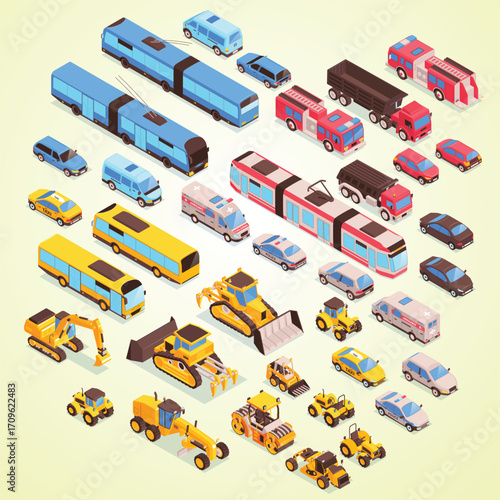 Isometric Style Various Detailed City Vehicle Transport Set Collection