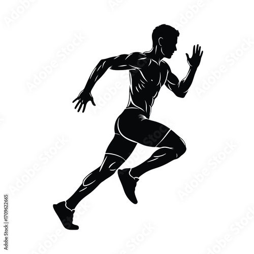 Dynamic silhouette of a muscular male athlete sprinting in motion silhouette