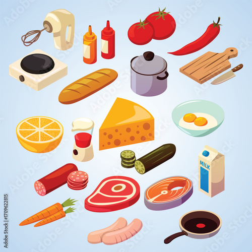 Isometric Detailed Cartoon Kitchen Food Ingredients and Utensils Still Life