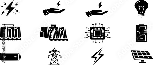 Electricity, Energy Icon Set Vector | Power Generation, Renewable System Collection | Lightning, hand, lightbulb, dam, chip, battery, pylon, glyph icons
