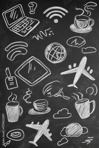 Creative and Imaginative Doodles Depicting Travel and Technology on a Chalkboard Surface