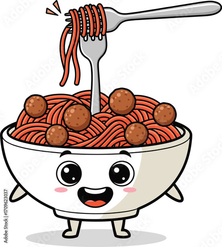 Cute cartoon spaghetti and meatballs in a bowl with a fork