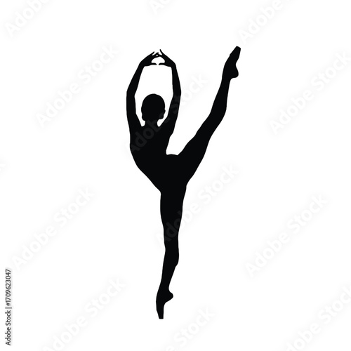 Elegant ballet dancer silhouette performing arabesque dance pose vector art silhouette