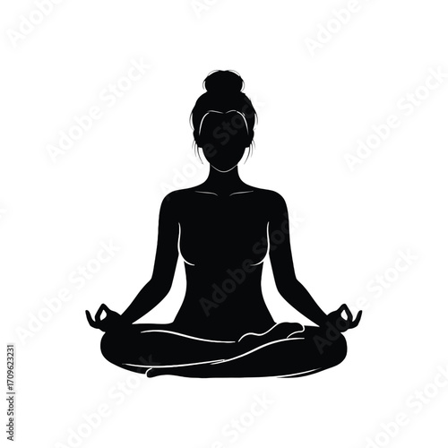 Serene silhouette woman meditating yoga pose lotus position zen mindfulness calmness silhouette