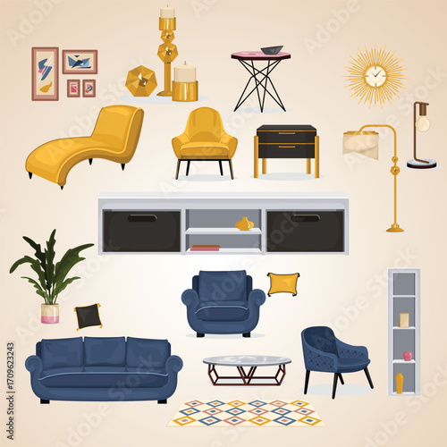 Cartoon Style Detailed Interior Decoration with Furniture and Home Decor Items