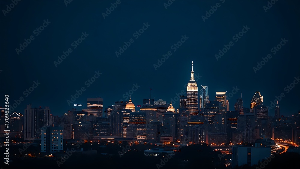 Fototapeta premium A city skyline illuminated at night with long exposure and deep blue tones.
