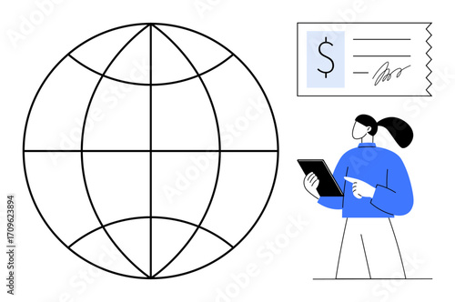 Woman using tablet analyzing globe and financial document. Ideal for global business, finance, technology, remote work, data analysis, economy, simple landing page