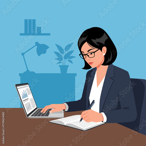 Professional Woman Working with Laptop and Notebook in Modern Office Flat Illustration