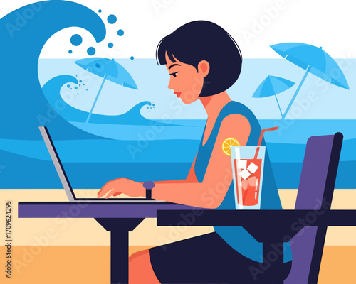 Woman working remotely on a laptop at a beach cafe, with waves and umbrellas in the background