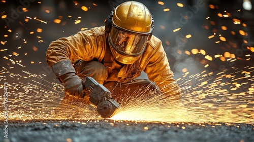 Industrial Worker Grinding Metal with Sparks