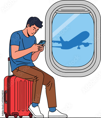 Passenger using a mobile phone, sitting on luggage at the airport terminal, observing an aircraft through the window while awaiting departure