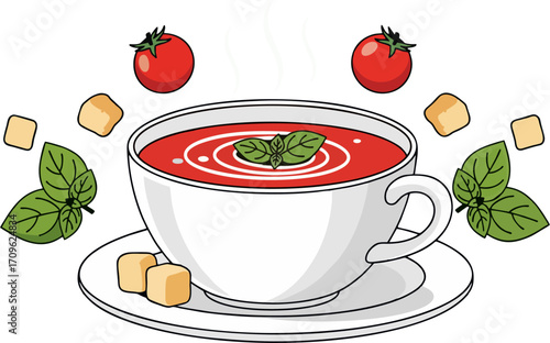 Vector Illustration of Hot Tomato Basil Soup in Cup with Croutons and Tomatoes, Modern Food Clipart