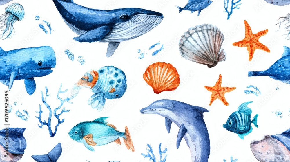 Naklejka premium A colorful watercolor illustration featuring various marine life including fish, whales, jellyfish, and seashells on a white background