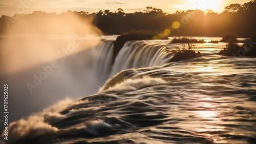 General Nature & Environment Sunset over flowing waterfall with mist and shimmering water