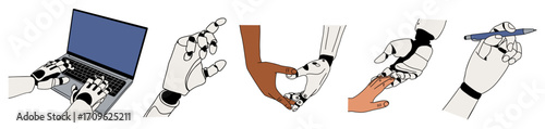 Set of robotic hands interacting with human hands, typing on a laptop, drawing, and gesturing. Minimalist black-and-white line art, Vector illustration isolated on transparent background.
