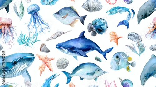 A vibrant underwater scene featuring various marine life including whales, dolphins, jellyfish, and seashells, illustrated in watercolor style