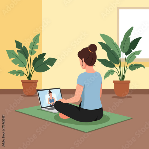 Woman engaging in a virtual yoga session at home, following an online instructor on her laptop, promoting a healthy and mindful lifestyle through digital fitness classes