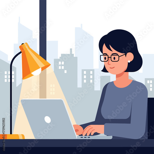 Woman Working on Laptop in Modern Office, Flat Illustration