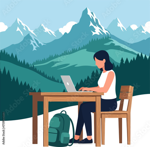 Woman working remotely on laptop amidst stunning mountain scenery, a flat illustration capturing the essence of flexible work and digital nomadism