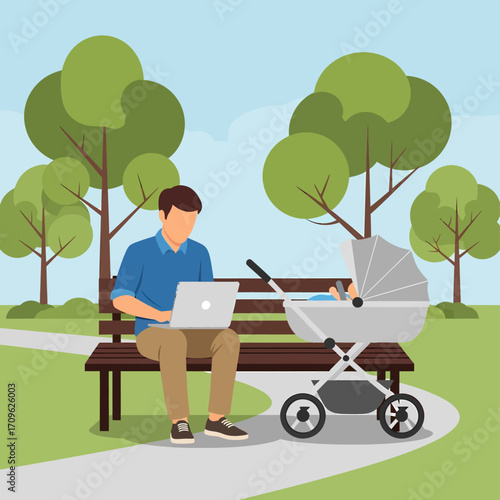 Father working on a laptop in the park while caring for his baby in a stroller. Flat vector illustration of modern parenting and freelance lifestyle