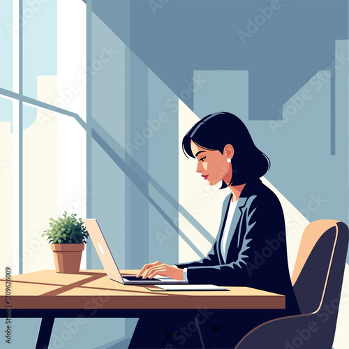 Professional businesswoman working on a laptop at her desk in a modern office. Flat vector illustration of a corporate employee