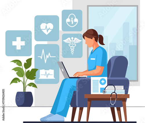 Female medical professional utilizing a laptop for remote consultations and digital health services, symbolizing modern telemedicine and online healthcare solutions