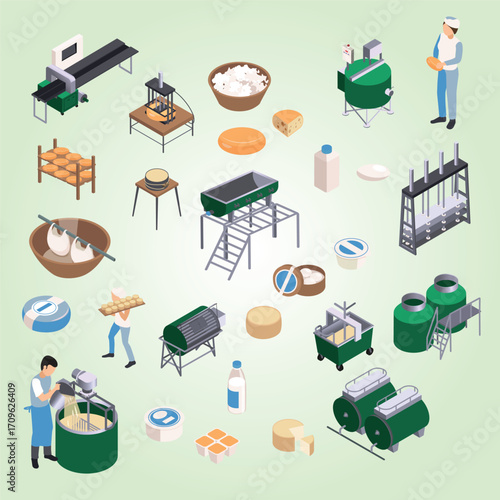 Isometric Detailed Illustration of Cheese Production Equipment and Processing Stages