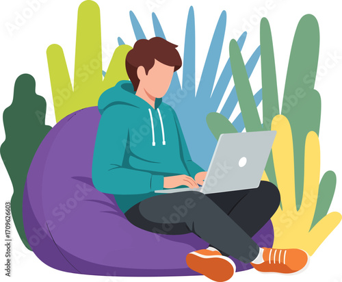 Flat illustration Young man using a laptop on a bean bag chair. Abstract plants background. Represents remote work, online learning, or a modern digital lifestyle concept