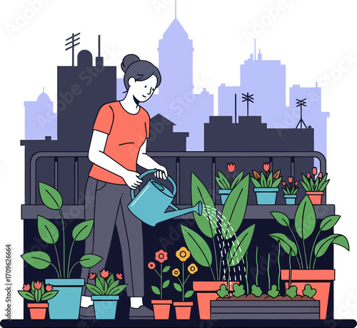 Vibrant illustration of a person cultivating a serene rooftop garden in the city, watering lush plants and flowers, embodying urban sustainability, peaceful leisure, and an eco-friendly hobby