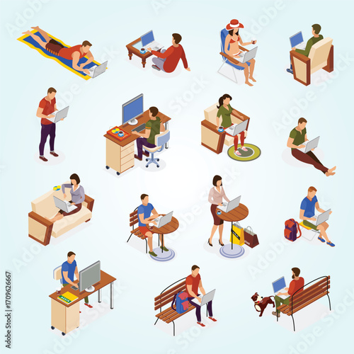 Isometric Illustration of Diverse People Working Remotely with Laptops in Various Locations