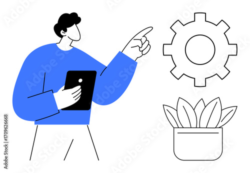 Minimalist figure holding tablet, pointing at gear, next to decorative plant pot. Ideal for innovation, creativity, technology, growth, development teamwork productivity. Simple flat metaphor